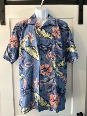 Men's Blue Hawaiian Floral Camp Shirt - Tropical Short Sleeve Large